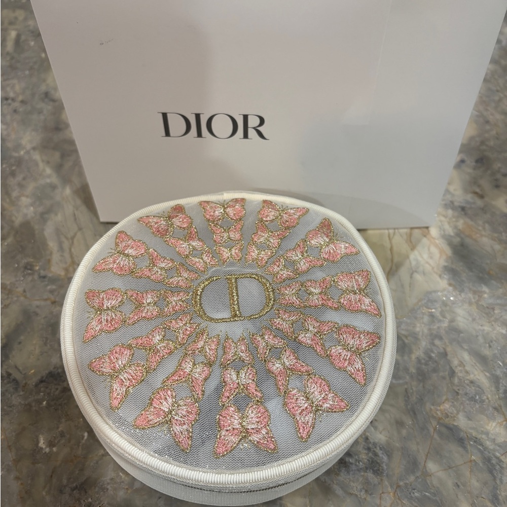 Dior Embroidered Butterfly Round Pouch in Pink and Cream